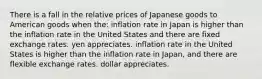 There is a fall in the relative prices of Japanese goods to American goods when the: inflation rate in Japan is higher than the inflation rate in the United States and there are fixed exchange rates. yen appreciates. inflation rate in the United States is higher than the inflation rate in Japan, and there are flexible exchange rates. dollar appreciates.