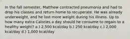 In the fall semester, Matthew contracted pneumonia and had to drop his classes and return home to recuperate. He was already underweight, and he lost more weight during his illness. Up to how many extra Calories a day should he consume to regain to a healthy weight? a.) 2,500 kcal/day b.) 250 kcal/day c.) 2,000 kcal/day d.) 1,000 kcal/day