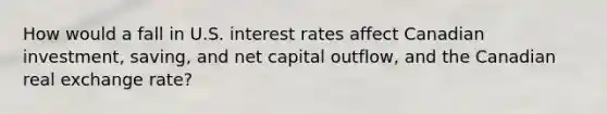 How would a fall in U.S. interest rates affect Canadian investment, saving, and net capital outflow, and the Canadian real exchange rate?