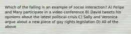 Which of the falling is an example of social interaction? A) Felipe and Mary participate in a video conference B) David tweets his opinions about the latest political crisis C) Sally and Veronica argue about a new piece of gay rights legislation D) All of the above