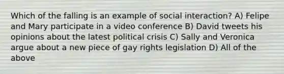 Which of the falling is an example of social interaction? A) Felipe and Mary participate in a video conference B) David tweets his opinions about the latest political crisis C) Sally and Veronica argue about a new piece of gay rights legislation D) All of the above