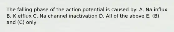 The falling phase of the action potential is caused by: A. Na influx B. K efflux C. Na channel inactivation D. All of the above E. (B) and (C) only