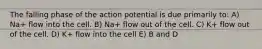 The falling phase of the action potential is due primarily to: A) Na+ flow into the cell. B) Na+ flow out of the cell. C) K+ flow out of the cell. D) K+ flow into the cell E) B and D