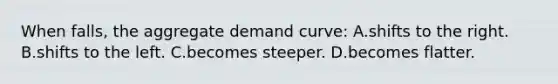 When falls, the aggregate demand curve: A.shifts to the right. B.shifts to the left. C.becomes steeper. D.becomes flatter.