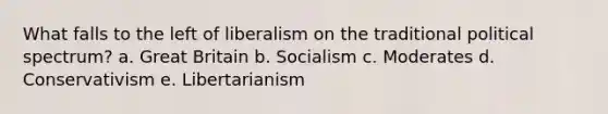 What falls to the left of liberalism on the traditional political spectrum? a. Great Britain b. Socialism c. Moderates d. Conservativism e. Libertarianism