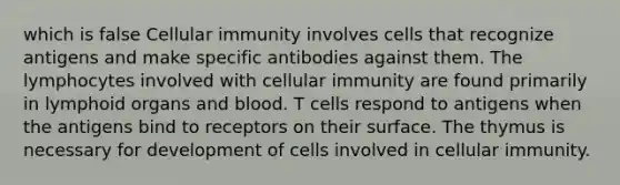 which is false Cellular immunity involves cells that recognize antigens and make specific antibodies against them. The lymphocytes involved with cellular immunity are found primarily in lymphoid organs and blood. T cells respond to antigens when the antigens bind to receptors on their surface. The thymus is necessary for development of cells involved in cellular immunity.