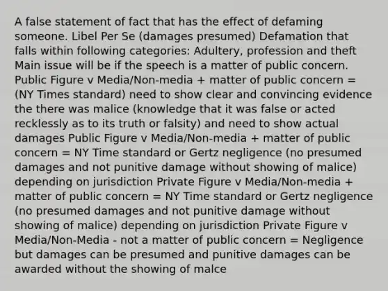 A false statement of fact that has the effect of defaming someone. Libel Per Se (damages presumed) Defamation that falls within following categories: Adultery, profession and theft Main issue will be if the speech is a matter of public concern. Public Figure v Media/Non-media + matter of public concern = (NY Times standard) need to show clear and convincing evidence the there was malice (knowledge that it was false or acted recklessly as to its truth or falsity) and need to show actual damages Public Figure v Media/Non-media + matter of public concern = NY Time standard or Gertz negligence (no presumed damages and not punitive damage without showing of malice) depending on jurisdiction Private Figure v Media/Non-media + matter of public concern = NY Time standard or Gertz negligence (no presumed damages and not punitive damage without showing of malice) depending on jurisdiction Private Figure v Media/Non-Media - not a matter of public concern = Negligence but damages can be presumed and punitive damages can be awarded without the showing of malce