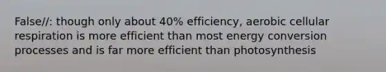 False//: though only about 40% efficiency, aerobic <a href='https://www.questionai.com/knowledge/k1IqNYBAJw-cellular-respiration' class='anchor-knowledge'>cellular respiration</a> is more efficient than most energy conversion processes and is far more efficient than photosynthesis