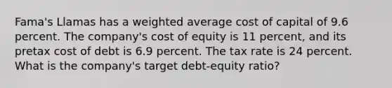 Fama's Llamas has a weighted average cost of capital of 9.6 percent. The company's cost of equity is 11 percent, and its pretax cost of debt is 6.9 percent. The tax rate is 24 percent. What is the company's target debt-equity ratio?