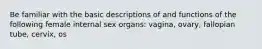 Be familiar with the basic descriptions of and functions of the following female internal sex organs: vagina, ovary, fallopian tube, cervix, os