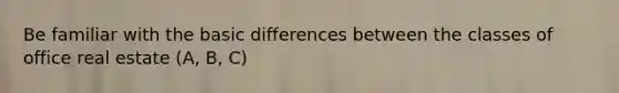 Be familiar with the basic differences between the classes of office real estate (A, B, C)