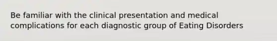 Be familiar with the clinical presentation and medical complications for each diagnostic group of Eating Disorders