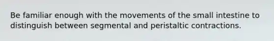 Be familiar enough with the movements of the small intestine to distinguish between segmental and peristaltic contractions.