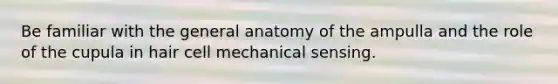 Be familiar with the general anatomy of the ampulla and the role of the cupula in hair cell mechanical sensing.