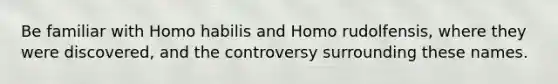 Be familiar with Homo habilis and Homo rudolfensis, where they were discovered, and the controversy surrounding these names.
