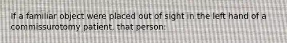 If a familiar object were placed out of sight in the left hand of a commissurotomy patient, that person: