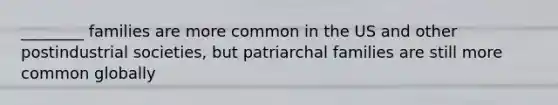 ________ families are more common in the US and other postindustrial societies, but patriarchal families are still more common globally