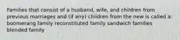 Families that consist of a husband, wife, and children from previous marriages and (if any) children from the new is called a: boomerang family reconstituted family sandwich families blended family