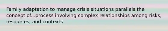 Family adaptation to manage crisis situations parallels the concept of...process involving complex relationships among risks, resources, and contexts