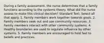 During a family assessment, the nurse determines that a family functions according to the systems theory. What did the nurse assess to make this clinical decision? Standard Text: Select all that apply. 1. Family members work together towards goals. 2. Family members seek out and use community resources. 3. Family members interact with other community systems. 4. Healthy boundaries are used to regulate influence by other systems. 5. Family members are encouraged to hold fast to beliefs and practices.