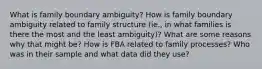 What is family boundary ambiguity? How is family boundary ambiguity related to family structure (ie., in what families is there the most and the least ambiguity)? What are some reasons why that might be? How is FBA related to family processes? Who was in their sample and what data did they use?