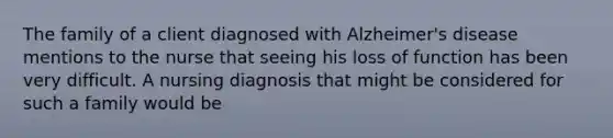 The family of a client diagnosed with Alzheimer's disease mentions to the nurse that seeing his loss of function has been very difficult. A nursing diagnosis that might be considered for such a family would be