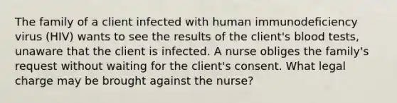 The family of a client infected with human immunodeficiency virus (HIV) wants to see the results of the client's blood tests, unaware that the client is infected. A nurse obliges the family's request without waiting for the client's consent. What legal charge may be brought against the nurse?