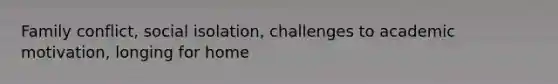 Family conflict, social isolation, challenges to academic motivation, longing for home