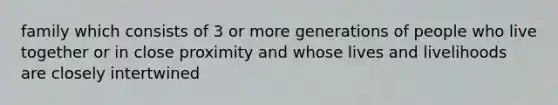 family which consists of 3 or more generations of people who live together or in close proximity and whose lives and livelihoods are closely intertwined