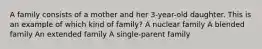 A family consists of a mother and her 3-year-old daughter. This is an example of which kind of family? A nuclear family A blended family An extended family A single-parent family