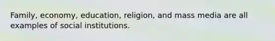 Family, economy, education, religion, and mass media are all examples of social institutions.