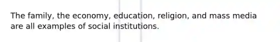 The family, the economy, education, religion, and mass media are all examples of social institutions.