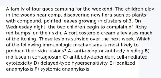 A family of four goes camping for the weekend. The children play in the woods near camp, discovering new flora such as plants with compound, pointed leaves growing in clusters of 3. On Wednesday night, the two children begin to complain of 'itchy red bumps' on their skin. A corticosteroid cream alleviates much of the itching. These lesions subside over the next week. Which of the following immunologic mechanisms is most likely to produce their skin lesions? A) anti-receptor antibody binding B) molluscum contagiosum C) antibody-dependent cell-mediated cytotoxicity D) delayed-type hypersensitivity E) localized anaphylaxis F) systemic anaphylaxis