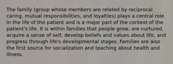 The family (group whose members are related by reciprocal caring, mutual responsibilities, and loyalties) plays a central role in the life of the patient and is a major part of the context of the patient's life. It is within families that people grow, are nurtured, acquire a sense of self, develop beliefs and values about life, and progress through life's developmental stages. Families are also the first source for socialization and teaching about health and illness.