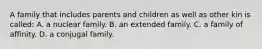 A family that includes parents and children as well as other kin is called: A. a nuclear family. B. an extended family. C. a family of affinity. D. a conjugal family.