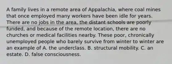 A family lives in a remote area of Appalachia, where coal mines that once employed many workers have been idle for years. There are no jobs in the area, the distant schools are poorly funded, and because of the remote location, there are no churches or medical facilities nearby. These poor, chronically unemployed people who barely survive from winter to winter are an example of A. the underclass. B. structural mobility. C. an estate. D. false consciousness.