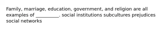 Family, marriage, education, government, and religion are all examples of __________. social institutions subcultures prejudices social networks