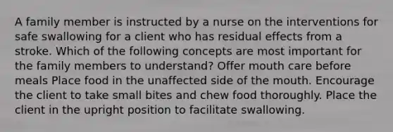 A family member is instructed by a nurse on the interventions for safe swallowing for a client who has residual effects from a stroke. Which of the following concepts are most important for the family members to understand? Offer mouth care before meals Place food in the unaffected side of the mouth. Encourage the client to take small bites and chew food thoroughly. Place the client in the upright position to facilitate swallowing.