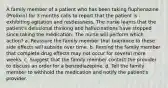 A family member of a patient who has been taking fluphenazine (Prolixin) for 3 months calls to report that the patient is exhibiting agitation and restlessness. The nurse learns that the patient's delusional thinking and hallucinations have stopped since taking the medication. The nurse will perform which action? a. Reassure the family member that tolerance to these side effects will subside over time. b. Remind the family member that complete drug effects may not occur for several more weeks. c. Suggest that the family member contact the provider to discuss an order for a benzodiazepine. d. Tell the family member to withhold the medication and notify the patient's provider.