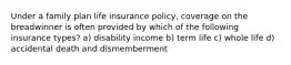 Under a family plan life insurance policy, coverage on the breadwinner is often provided by which of the following insurance types? a) disability income b) term life c) whole life d) accidental death and dismemberment