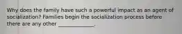 Why does the family have such a powerful impact as an agent of socialization? Families begin the socialization process before there are any other ______________.