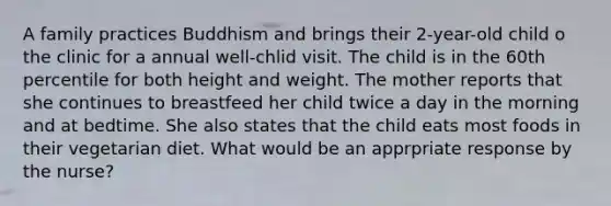 A family practices Buddhism and brings their 2-year-old child o the clinic for a annual well-chlid visit. The child is in the 60th percentile for both height and weight. The mother reports that she continues to breastfeed her child twice a day in the morning and at bedtime. She also states that the child eats most foods in their vegetarian diet. What would be an apprpriate response by the nurse?