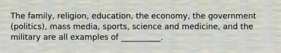 ​The family, religion, education, the economy, the government (politics), mass media, sports, science and medicine, and the military are all examples of __________.