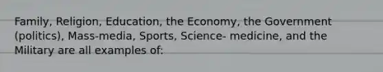 Family, Religion, Education, the Economy, the Government (politics), Mass-media, Sports, Science- medicine, and the Military are all examples of: