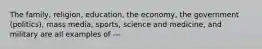 The family, religion, education, the economy, the government (politics), mass media, sports, science and medicine, and military are all examples of ---