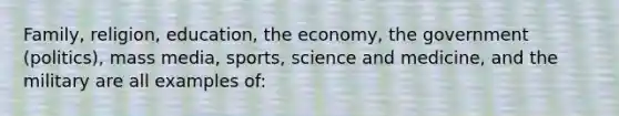 Family, religion, education, the economy, the government (politics), mass media, sports, science and medicine, and the military are all examples of: