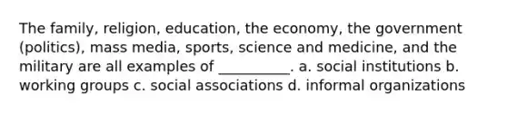 The family, religion, education, the economy, the government (politics), mass media, sports, science and medicine, and the military are all examples of __________. a. social institutions b. working groups c. social associations d. informal organizations