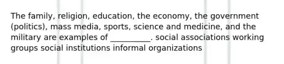 The family, religion, education, the economy, the government (politics), mass media, sports, science and medicine, and the military are examples of __________. social associations working groups social institutions informal organizations