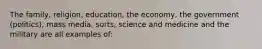 The family, religion, education, the economy, the government (politics), mass media, sorts, science and medicine and the military are all examples of: