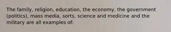 The family, religion, education, the economy, the government (politics), mass media, sorts, science and medicine and the military are all examples of: